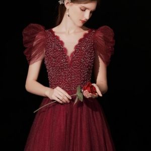 Maroon V Neck Beaded Dress